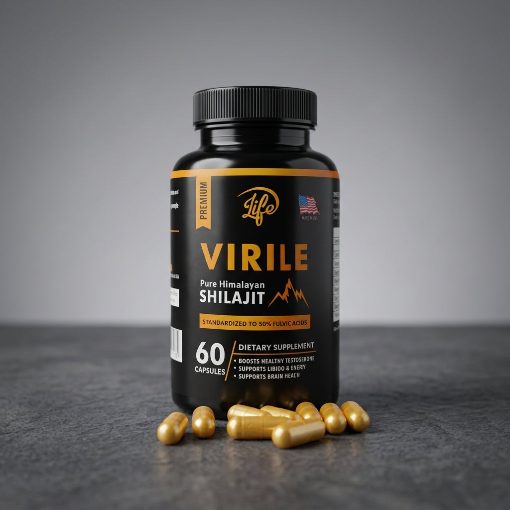Frasco de Shilajit Virile, 60 cápsulas, con cápsulas doradas sobre mármol