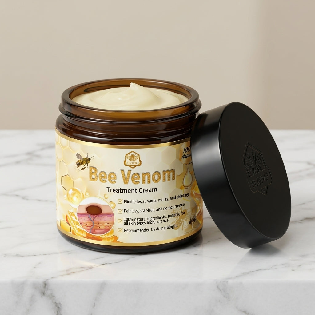 Frasco de Bee Venom, crema de veneno de abejas, abierto sobre mármol